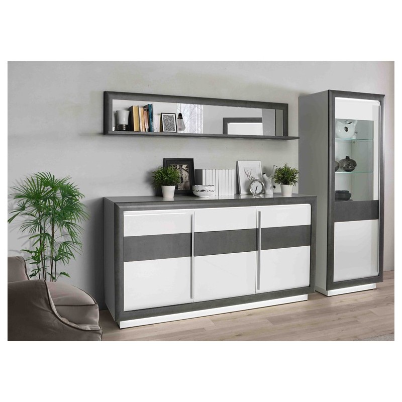 Buffet  bahut 3 portes 193 cm, bicolore bois blanc et gris, lumière LED - CALVI