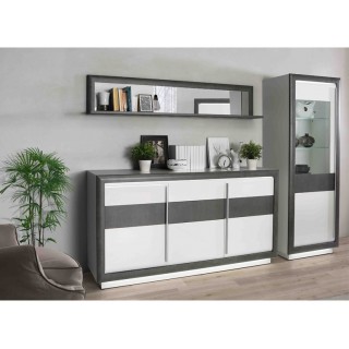 Buffet  bahut 3 portes 193 cm, bicolore bois blanc et gris, lumière LED - CALVI