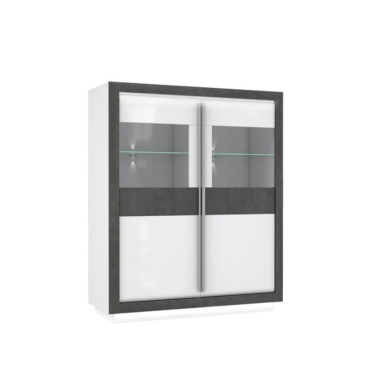 Armoire vitrine 2 portes bicolore bois blanc et gris, lumière LED - CALVI