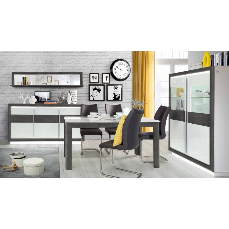 Armoire vitrine 2 portes bicolore bois blanc et gris, lumière LED - CALVI