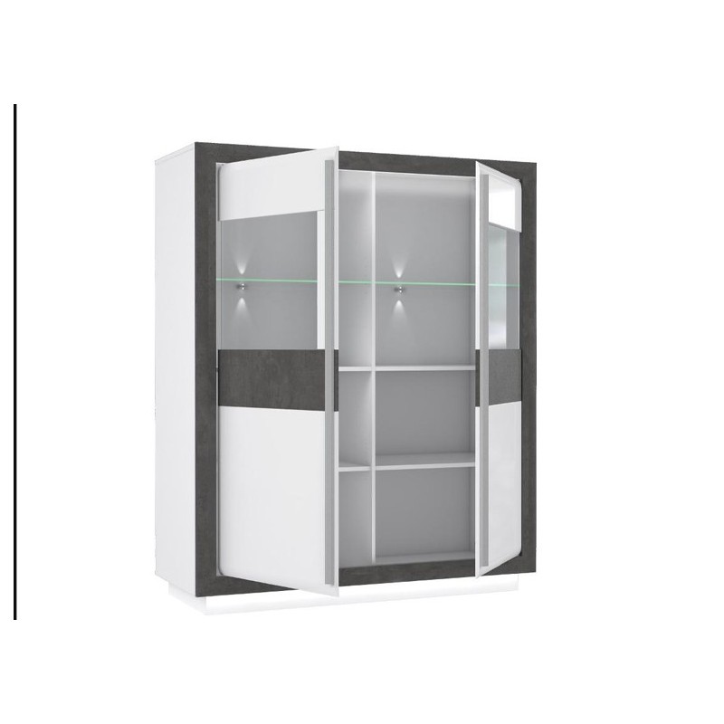 Armoire vitrine 2 portes bicolore bois blanc et gris, lumière LED - CALVI