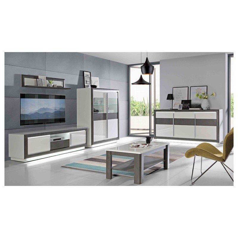 Armoire vitrine 2 portes bicolore bois blanc et gris, lumière LED - CALVI