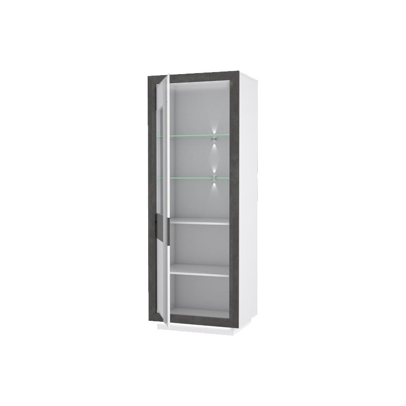 Vitrine colonne 1 porte bicolore bois blanc et gris, lumière LED - CALVI