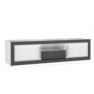 Meuble TV bicolore bois blanc et gris, lumière LED - CALVI