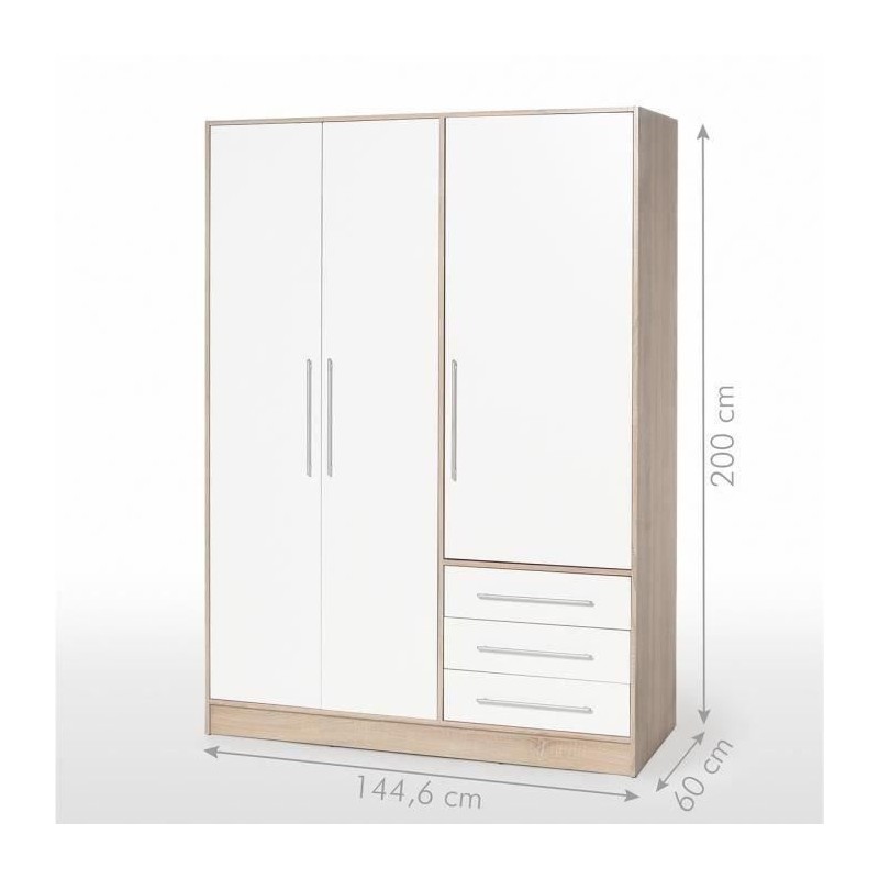 Armoire dressing blanc et aspect chêne clair 3 portes - FARO