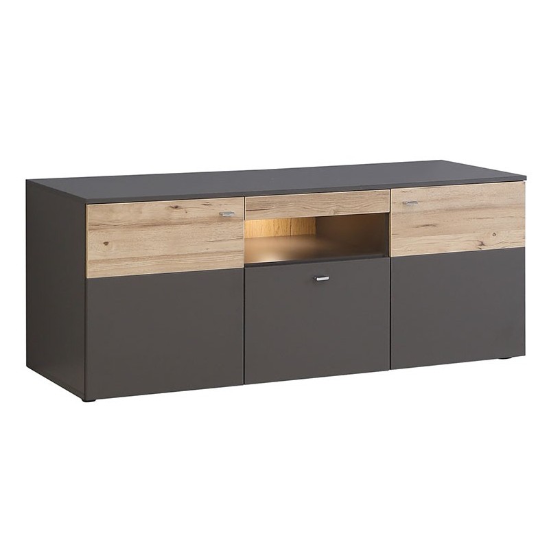 Meuble TV 150 cm, 2 portes, bicolore bois clair et gris - MARBELLA