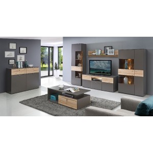 Meuble TV 150 cm, 2 portes, bicolore bois clair et gris - MARBELLA