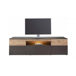 Meuble TV 210 cm, 2 portes, bicolore bois clair et gris - MARBELLA