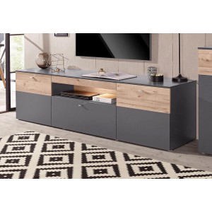 Meuble TV 210 cm, 2 portes, bicolore bois clair et gris - MARBELLA