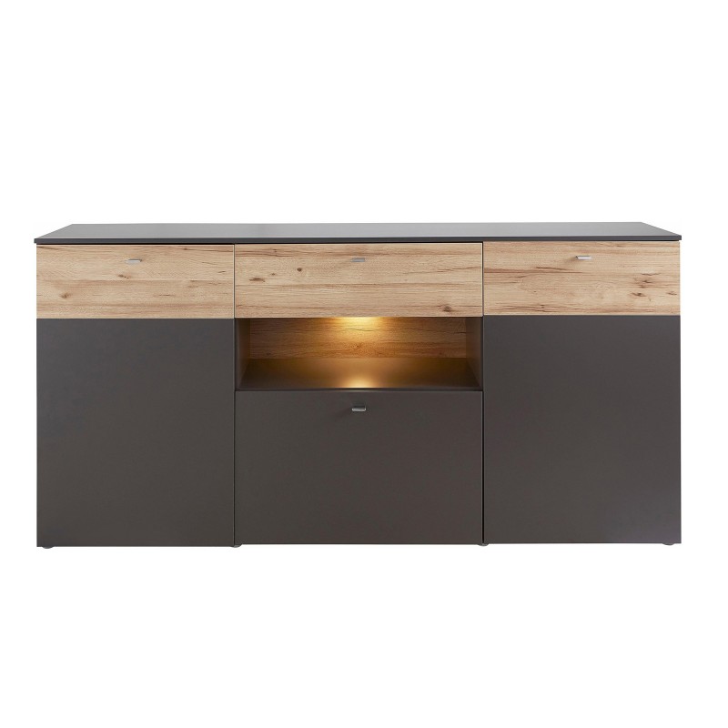 Buffet  bahut 3 portes 195 cm, bicolore bois clair et gris - MARBELLA