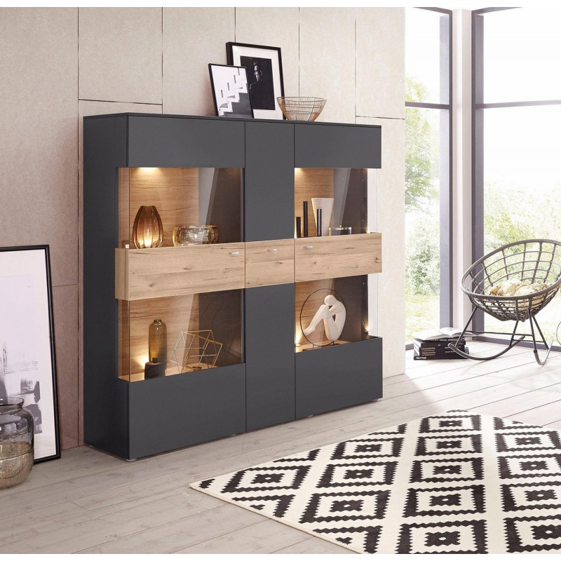 Armoire vitrine 3 portes, bicolore bois clair et gris - MARBELLA