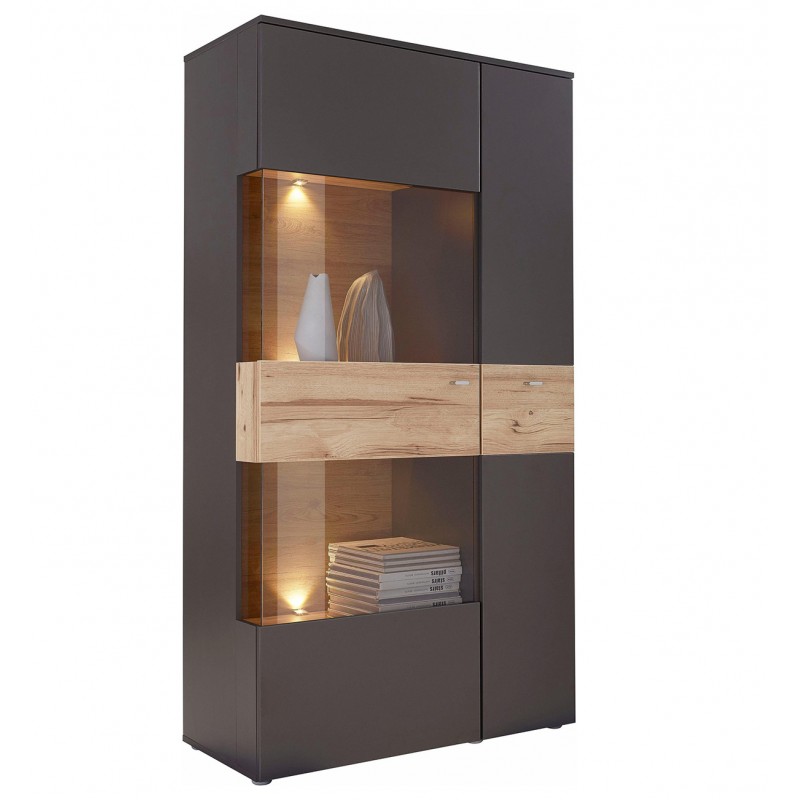 Armoire vitrine 2 portes ouverture gauche, bicolore bois clair et gris - MARBELLA