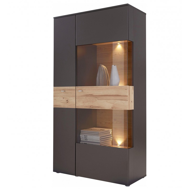 Armoire vitrine 2 portes ouverture droite, bicolore bois clair et gris - MARBELLA