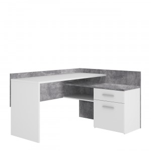 Bureau d'angle blanc et décor béton gris avec rangements - ALVIN