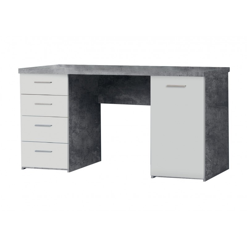 Bureau 4 tiroirs 1 porte, blanc et décor béton gris, 145 cm - ALVIN