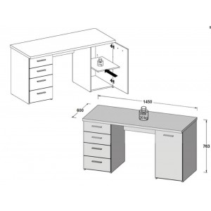 Bureau 4 tiroirs 1 porte, blanc et décor béton gris, 145 cm - ALVIN