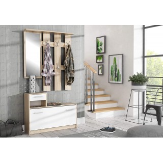 Vestiaire penderie meuble à chaussures bois clair et blanc avec miroir - MARCEL
