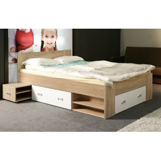 Lit 140x200 avec rangements décor bois clair et blanc - MILO