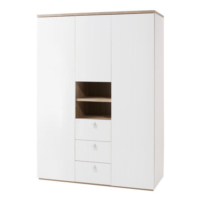 Armoire 3 portes 3 tiroirs et 2 niches bois clair et blanc - GABRIEL