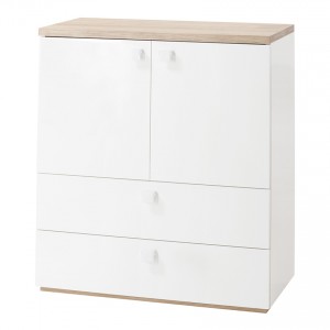 Commode 2 portes 2 tiroirs bois clair et blanc - GABRIEL