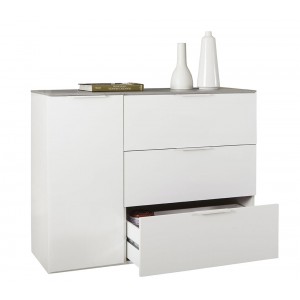 Commode 1 porte 3 tiroirs blanc et décor béton - GAELLE