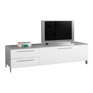 Meuble TV 1 abattant et 2 tiroirs blanc et décor béton - LUDO
