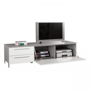 Meuble TV 1 abattant et 2 tiroirs blanc et décor béton - LUDO
