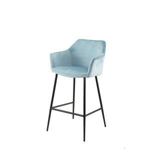 Chaise haute de bar en velours bleu avec dossier et piétement métal - CHIC