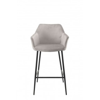 Chaise haute de bar en velours marron avec dossier et piétement métal noir - CHIC