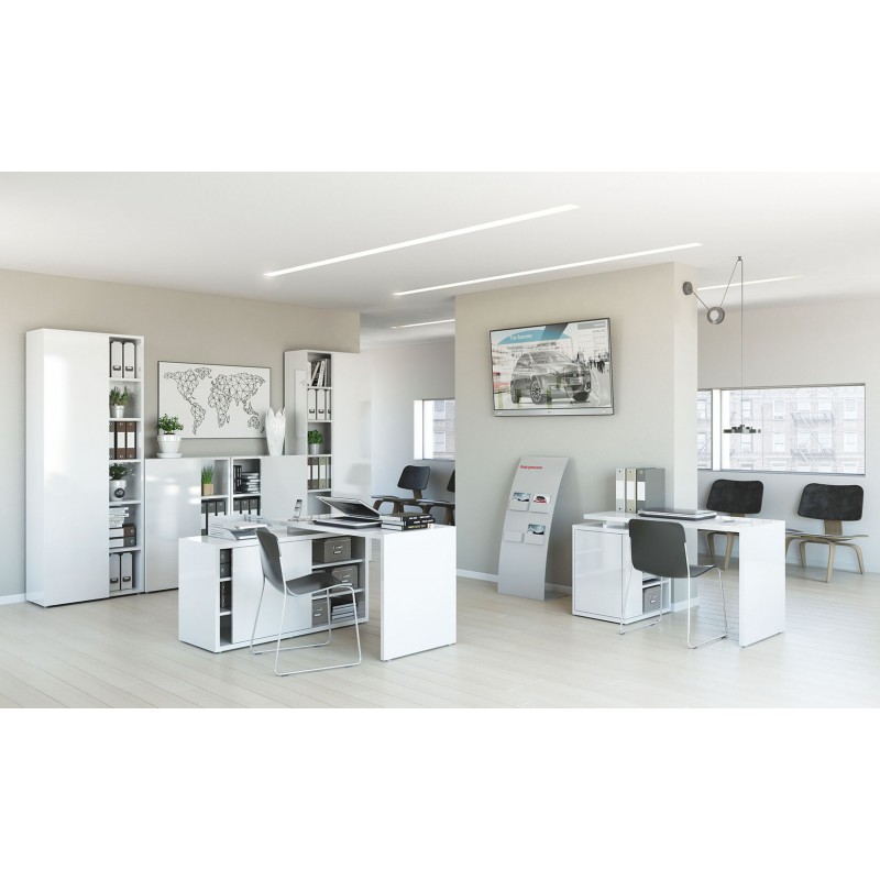 Bureau 140 cm blanc laqué avec rangement et étagères - SNOW
