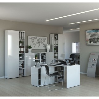Bureau d'angle réversible 140 cm blanc laqué avec rangement et étagères - SNOW