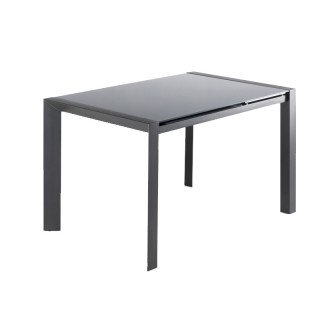 Table de repas extensible 120/180 cm rectangulaire plateau verre gris et piétement acier - MYSTIC