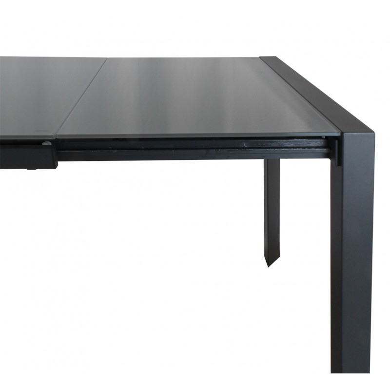 Table de repas extensible 120/180 cm rectangulaire plateau verre gris et piétement acier - MYSTIC