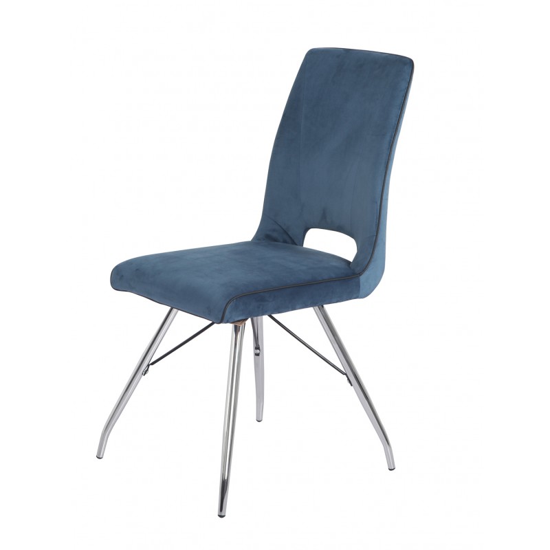 Lot 2 chaises velours bleu marine pieds métal chromé - BELLA