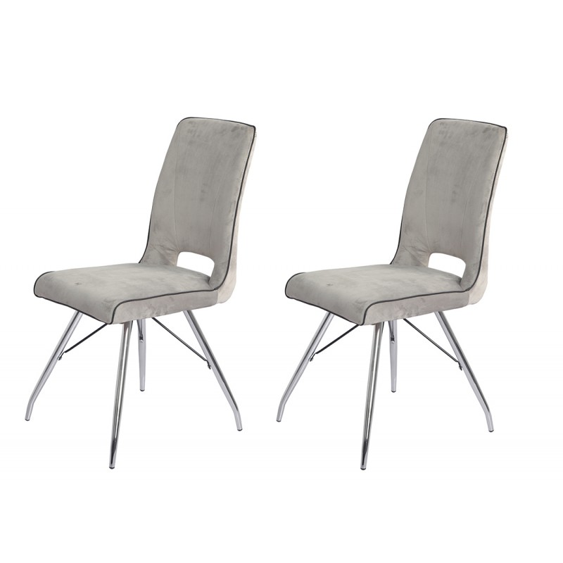 Lot de 2 chaises velours gris et pieds acier chromé - BELLA