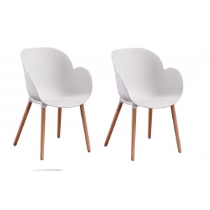 lot de 2 chaises coque plastique blanc et piétement bois - Poppy