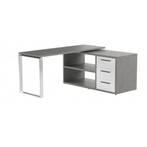 Bureau d'angle réversible 3 tiroirs et 2 niches décor gris béton et blanc -  Collection NET