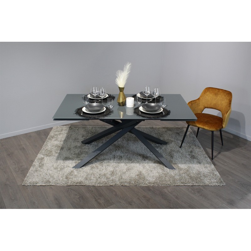 Table extensible 160 à 240 cm plateau en verre gris pieds étoile - ESTRELLA