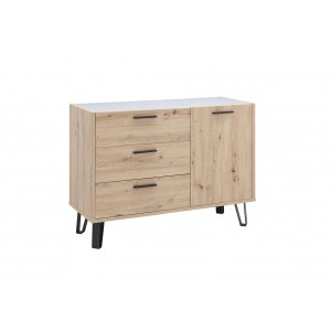 Commode 1 porte et 3 tiroirs décor chêne clair et gris clair laqué - MILOS