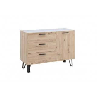 Commode 1 porte et 3 tiroirs décor chêne clair et gris clair laqué - MILOS
