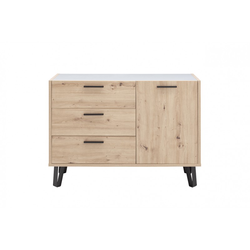 Commode 1 porte et 3 tiroirs décor chêne clair et gris clair laqué - MILOS
