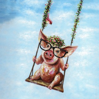 Tableau peinture Cochon à lunettes sur sa balançoire 50 x 50 cm - RIRI