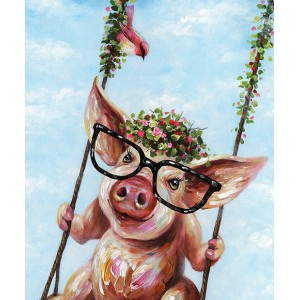 Tableau peinture Cochon à lunettes sur sa balançoire 50 x 50 cm - RIRI