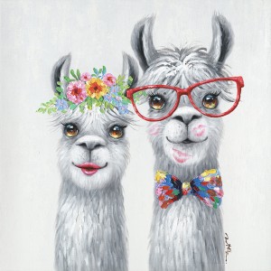 Peinture sur toile multicolore carrée couple de lama - Les amoureux