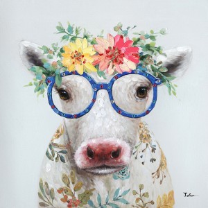 Peinture sur toile multicolore carrée la vache à lunettes - Meuh !