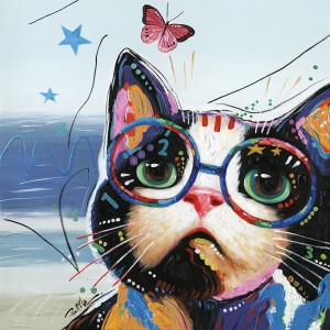 Peinture sur toile multicolore carrée chat à lunettes - Cat