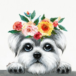 Peinture sur toile multicolore carrée Chien fleurs - Doggy