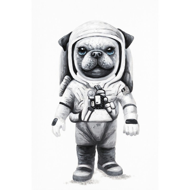 Tableau peinture chien astronaute noir et blanc 60 x 40 cm - Laïka