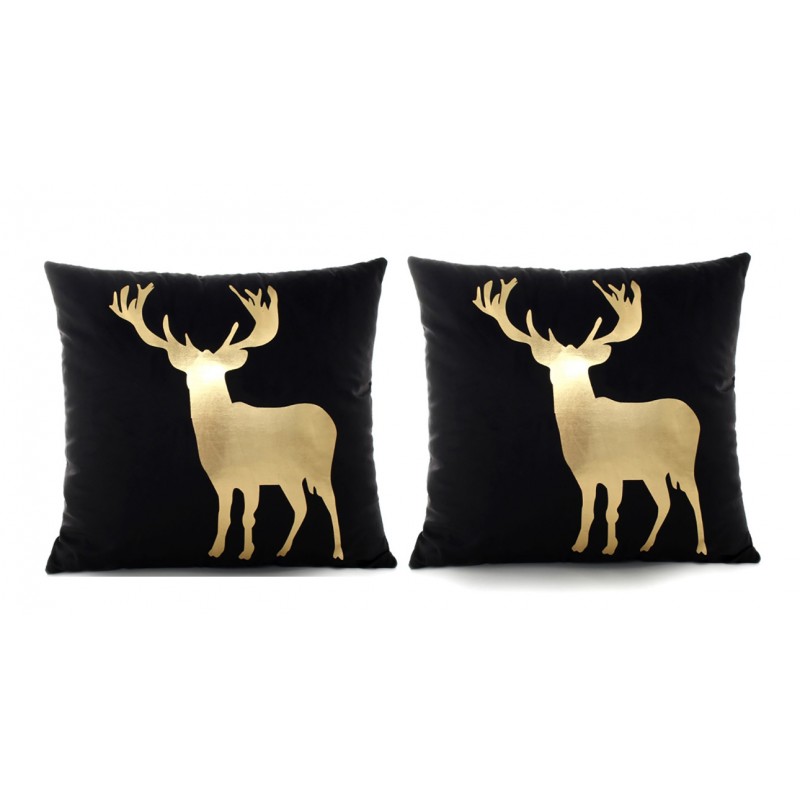 Lot de 2 coussins carrés 40 cm en tissu velours noir déhoussable imprimé animal - Cerf doré