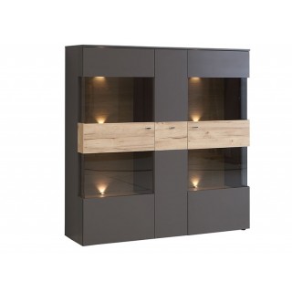 Armoire vitrine 3 portes, bicolore bois clair et gris - MARBELLA